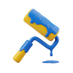 Yellow Paint Roller Covered In Blue Paint With Dripping Liquid And Blue Paint Splatter