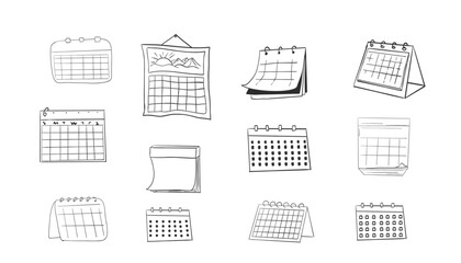 Calendar set doodle grid icon, hand drawn sketch. Hanging line schedule planner. Reminder and calendar with a check.