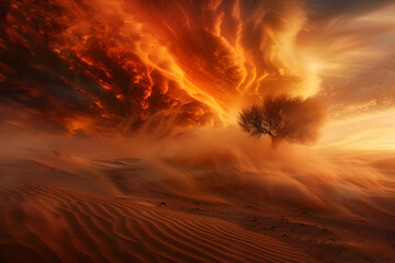 Majestic sandstorm enveloping desert landscape with dramatic sky