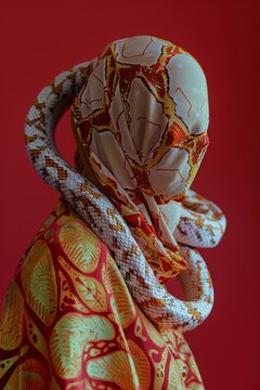 Retrato de persona cubierta con tela estampada y serpiente pit&oacute;n, Texturas y patrones: pit&oacute;n sobre tela de seda roja y dorada, Editorial de moda con serpiente y textiles de alta costura