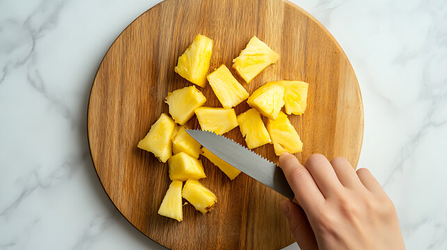 Fresh pineapple chunks on a wooden cutting board being sliced with a serrated knife, creating a vibrant and tropical snack prep scene on a marble surface. The vibrant yellow color contrasts! - Powered by Adobe