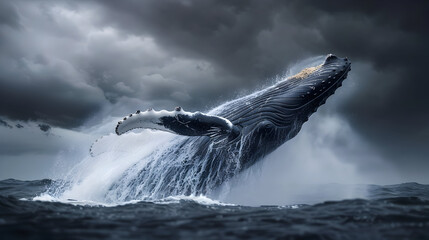 Majestic humpback whale breaching dramatically against ocean waves under stormy skies
