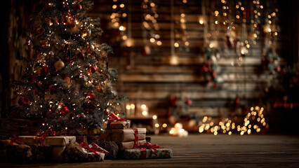 Cozy rustic Christmas room with tree and warm fairy lights