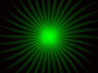 Abstract green starburst with radiant light patterns on black background