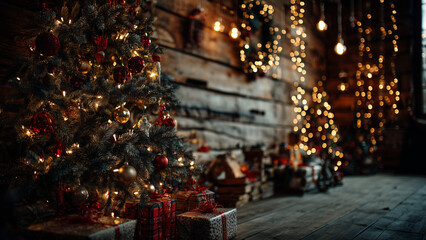 Festive Christmas corner with lights on wooden wall background
