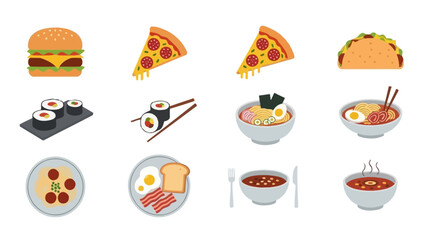 Diverse collection of illustrated food icons showcasing global culinary delights burger to sushi