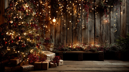 Warm Christmas lights hanging in rustic interior with tree