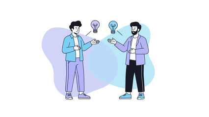 two people exchanging ideas and brainstorming with light bulb icons symbolizing creativity and