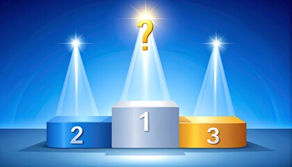 Digital rendering of a competition podium, featuring positions 1 through 3, illuminated by spotlights with a question mark over the top spot