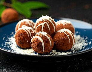 Close-up of chocolate truffles, dusted with cocoa and drizzled with white chocolate, presented on a dark blue plate