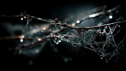 Dewy cobweb strands with sparkling water droplets