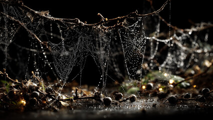 Spiderweb with droplets in moody low light close up