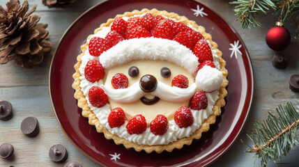 A Christmas-themed tart decorated with a Santa Claus face made of strawberry slices, whipped cream, and chocolate chips, set on a festive plate. 