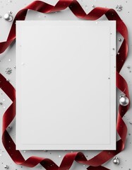 White Christmas Card Mockup Surrounded by Elegant Red Silk Ribbon and Silver Baubles