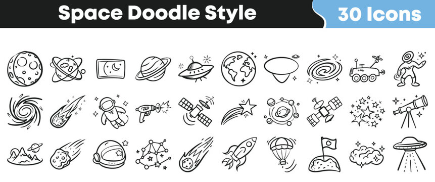 Collection of thirty hand drawn doodle style icons featuring celestial bodies planets astronauts and space exploration elements on transparent background