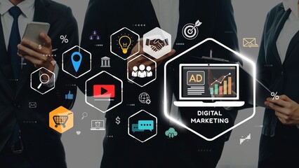 Business professionals work on digital marketing strategies, surrounded by technology symbols that represent growth, data analysis, and innovative online solutions. Raster