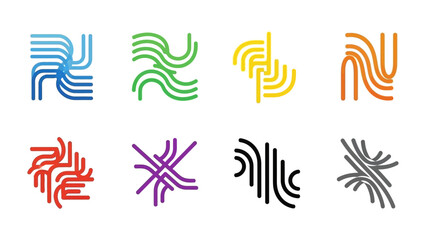 Diverse collection of abstract geometric line art logos symbolizing connectivity and flow