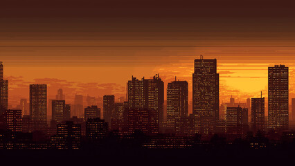 Sunset over city skyscrapers with warm gradient sky