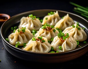 Close-up of eight delicate, steamed dumplings, artfully arranged on a dark plate, garnished with chopped green onions and sesame seeds