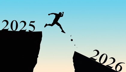 Modern New Year 2026 Illustration with Silhouette Man Jumping Between Rocks and Blue Sky