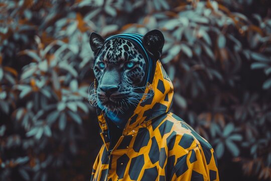 Retrato de leopardo antropom&oacute;rfico con chaqueta moderna, Leopardo con ojos azules y abrigo urbano, Dise&ntilde;o conceptual de felino con est&eacute;tica moderna