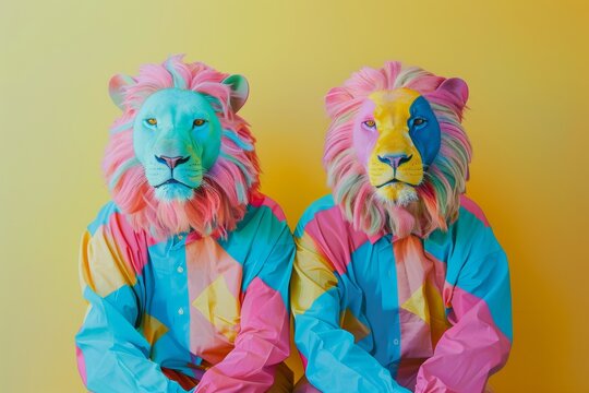 Leones antropom&oacute;rficos con est&eacute;tica pop, Ilustraci&oacute;n conceptual de leones coloridos, Personajes le&oacute;n con estilo moderno y fondos lisos