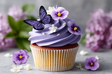 Purple cupcake decorating with butterfly and pansy flowers