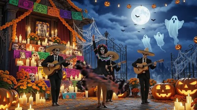 Ghostly skeleton Mariachi band celebrates Dia de los Muertos.
