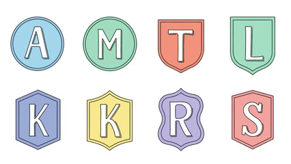 Fototapeta premium Alphabet letter icons on pastel colored badge shapes, hand drawn doodle design set