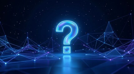 Glowing blue question mark in futuristic network background