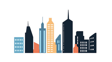 Obraz premium Modern city skyline illustration featuring geometric skyscrapers in blue, orange, and black against a bright white background. Design emphasizes simplicity and clean lines, a contemporary cityscape.