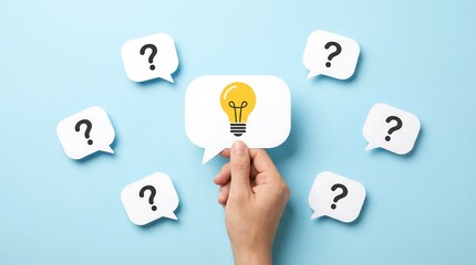 Hand holding lightbulb idea among questioning speech bubbles