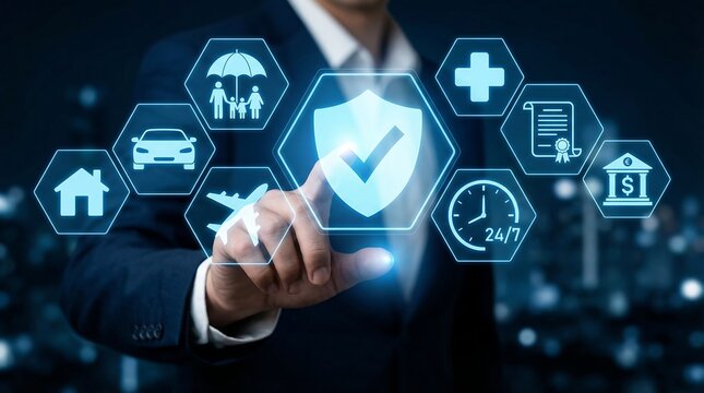 Businessman interacting with digital insurance icons for protection - Powered by Adobe