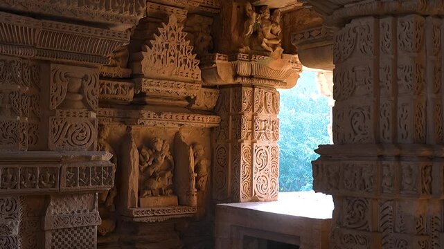 intricate carvings and Beautiful stone sculptures at the temple, within the Sahastra Bahu(SasBahu) Temple at Gwalior Fort, Asia its an a UNESCO World Heritage Site