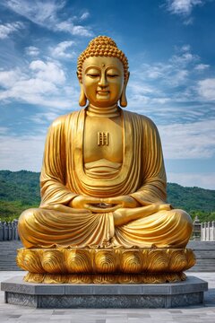 Golden buddha statue meditating on lota platform