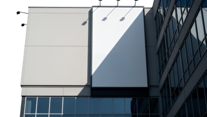 Modern corporate building exterior with blank billboard isolated on transparent background showcasing architecture and urban landscape