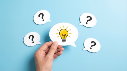 Hand holding creative idea lightbulb speech bubble with question marks