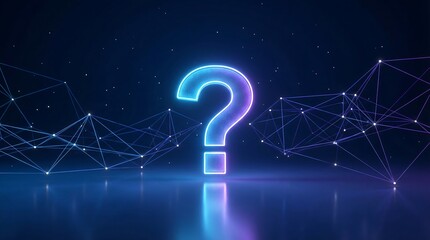 Mysterious glowing question mark in futuristic neon network