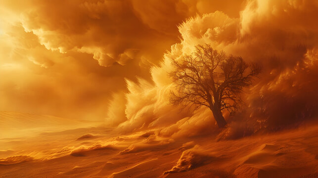 Dramatic desert landscape engulfed by colossal sandstorm