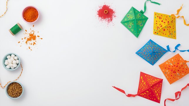 Happy Makar Sankranti, Pongal and Uttarayan with Kite, haldi kum kum bowls and tilgul sweets