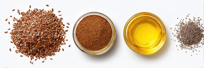 Flat lay top view flax fruit flax seeds and flaxseed oil on transparent background