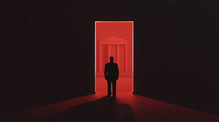 Obraz premium A silhouette of a person stands at the threshold of a doorway, bathed in red light, hinting at opportunities or challenges ahead, with a classical building in the background.