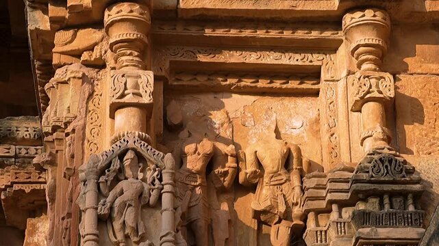 intricate carvings and Beautiful stone sculptures at the temple, within the Sahastra Bahu(SasBahu) Temple at Gwalior Fort, Asia its an a UNESCO World Heritage Site