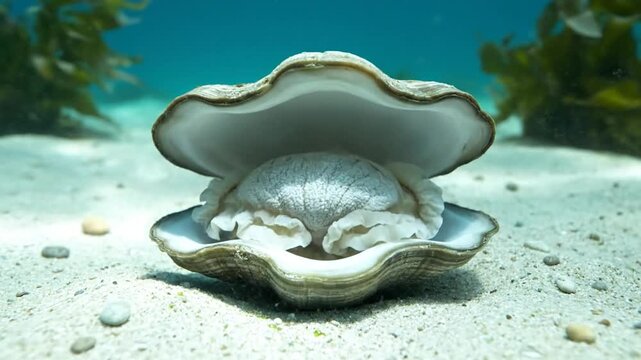 A clam underwater, shell open, revealing its soft interior. Sand, pebbles, and kelp in background