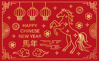 Chinese New Year 2026 of the Red Horse. Greeting card with gold horse line art, lanterns, plum blossoms, clouds on red background. Festive lunar zodiac design. Editable vector illustration.