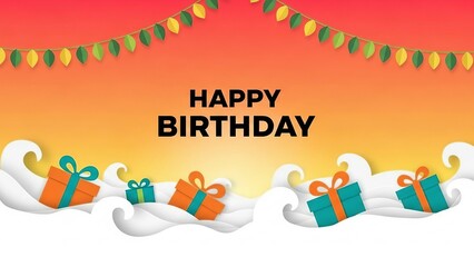 Colorful festive happy birthday greeting card illustration featuring gifts and bunting