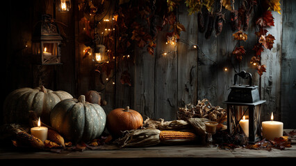 Rustic fall table setting with pumpkins, corn and lights