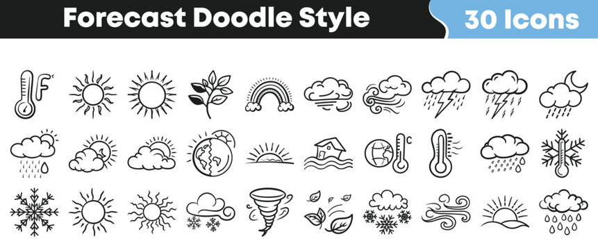 Collection of thirty hand drawn weather forecast doodle style icons featuring sun rain wind snow thermometer and natural elements on transparent background