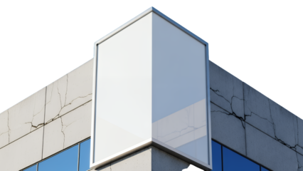 Modern building corner with blank white sign isolated on transparent background showcasing sleek architecture and urban design
