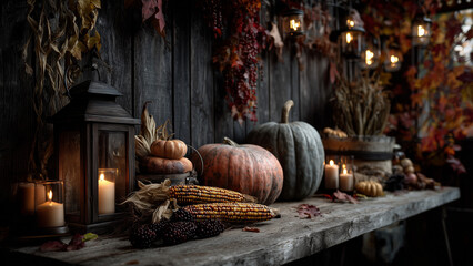 Autumn harvest still life with pumpkins and warm candlelight
